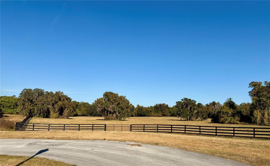 A paved road leads to a fenced, grassy field with scattered trees under a blue sky — 0 SE 116TH PLACE, OCALA, FL