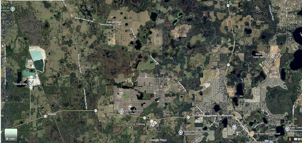 This is a satellite map view of a rural area featuring roads, land, and lakes — TUSCANOOGA ROAD, MASCOTTE, FL