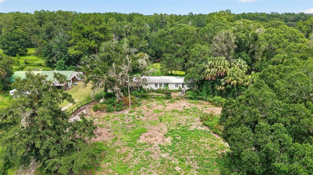 An aerial view shows a house and a detached shed surrounded by dense green trees — 10195 NW 160TH STREET, REDDICK, FL