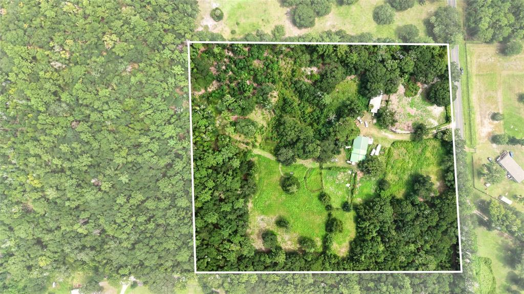 An aerial view shows a rectangular property with a house, outbuildings, and surrounding wooded land — 10195 NW 160TH STREET, REDDICK, FL