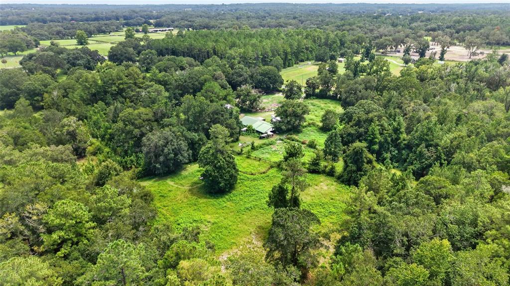 An aerial view shows a house nestled within a large, wooded property with open grassy areas — 10195 NW 160TH STREET, REDDICK, FL