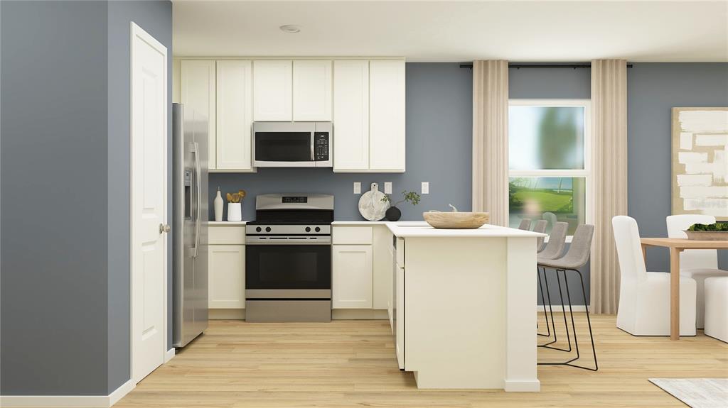 This is a rendering of a kitchen with white cabinets, stainless steel appliances, and an island — 2930 CHERRY LANE, HAINES CITY, FL