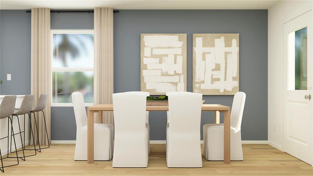 This is a digital rendering of a dining room featuring a wooden table and white chairs — 2930 CHERRY LANE, HAINES CITY, FL