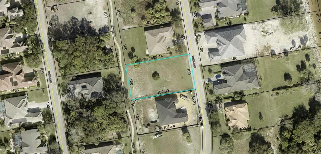 This is an aerial map showing a vacant residential lot outlined in blue — 7 SABAL BEND, PALM COAST, FL
