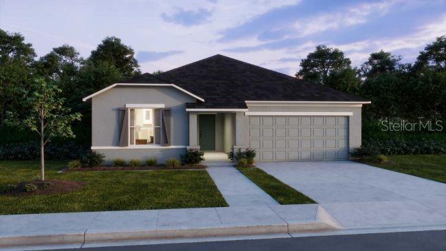 This is a digital rendering of a single-story suburban house with a gray exterior and garage — 39 POPLAR DRIVE, PALM COAST, FL