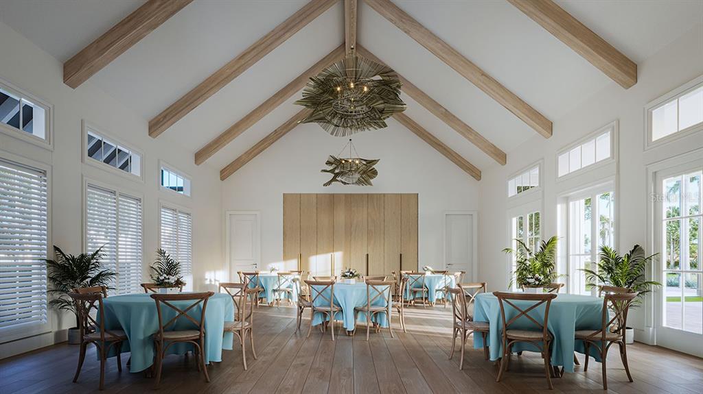 This rendering shows a bright event space with vaulted ceilings, exposed beams, and round tables — 7804 LAKE FLORES AVENUE, BRADENTON, FL