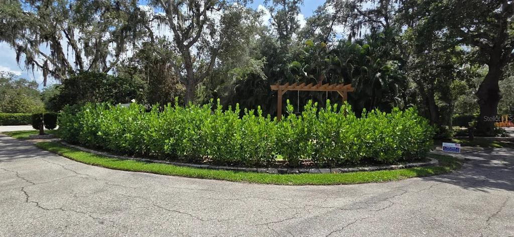 A curved hedge borders a paved driveway with a wooden pergola in the background — 374 BEAR TRAIL, RIVER RANCH, FL