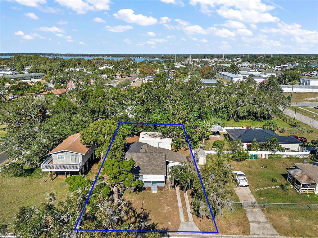 An aerial view shows a house with a blue outline on a tree-filled lot — 105 W STEVENS AVENUE, EUSTIS, FL