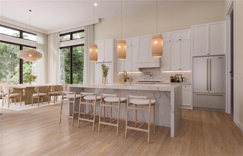 This is a rendering of a modern kitchen with white cabinetry, marble island, and wooden floors — 4183 ROBERTS POINT CIRCLE LOT 18, SARASOTA, FL