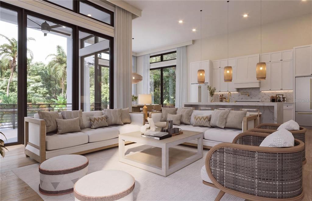 This rendering shows a bright, open-concept living room and kitchen with modern, neutral-toned furniture — 4183 ROBERTS POINT CIRCLE LOT 18, SARASOTA, FL