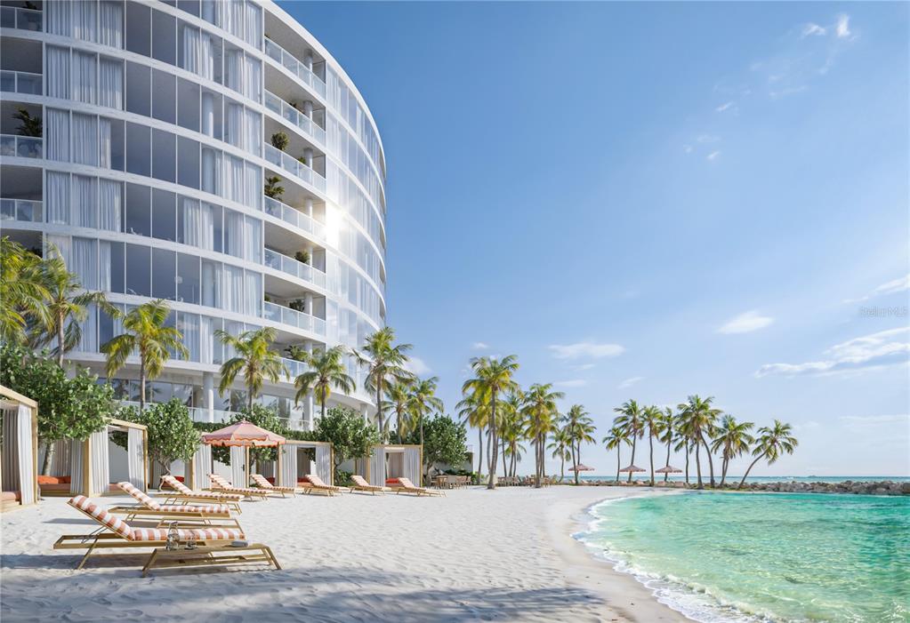 A rendering of a modern curved high-rise building overlooking a sandy beach with lounge chairs — 805 S GULFVIEW BOULEVARD UNIT 401B, CLEARWATER BEACH, FL