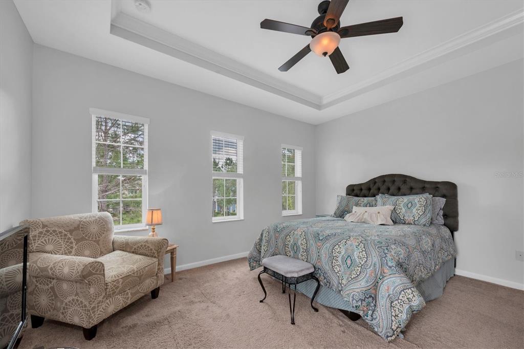 A bedroom with a tray ceiling, ceiling fan, carpeted floors, and a tufted headboard — 208 CUTLASS WAY, OLDSMAR, FL
