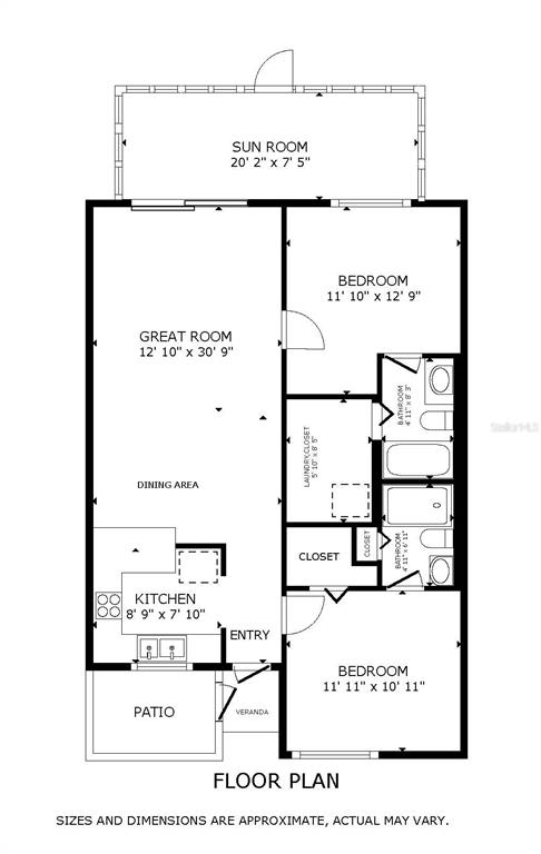 An open-concept living and dining area features tile flooring, a vaulted ceiling, and patio access — 5480 BRASSY LOOP, NORTH PORT, FL