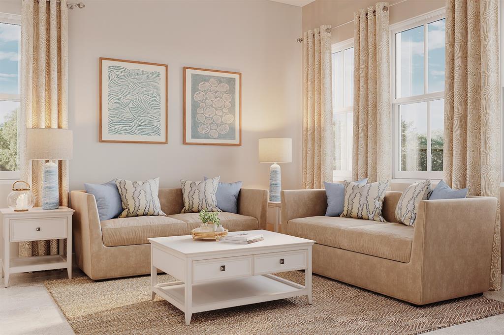 This is a rendering of a living room featuring two beige sofas and a coffee table — 3581 MOCKING BIRD DRIVE, AUBURNDALE, FL