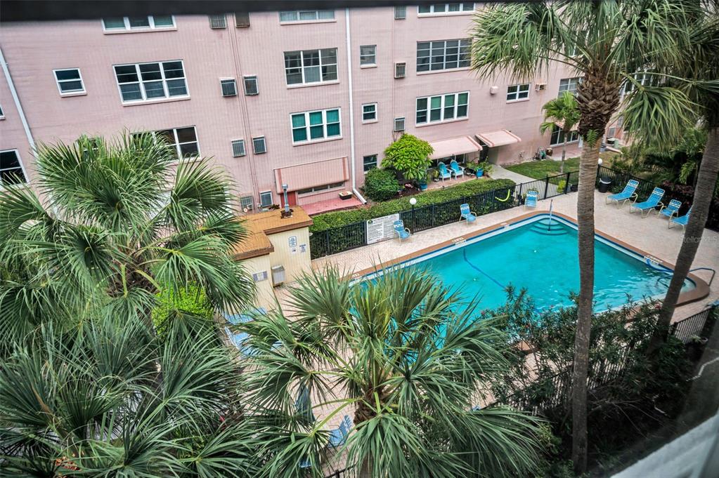An elevated view of a swimming pool area surrounded by palm trees and a building — 5501 80TH STREET N UNIT 405, ST PETERSBURG, FL