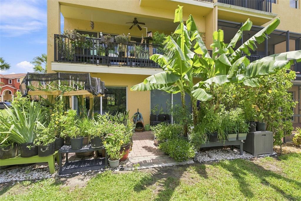 A ground-level patio features a brick floor, numerous potted plants, and a large banana tree — 1308 3RD STREET CIRCLE E, PALMETTO, FL