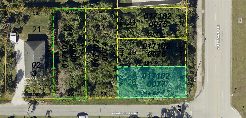 This is a property map showing parcel boundaries and lot numbers on an aerial view — 0 LA PALMA, NOKOMIS, FL