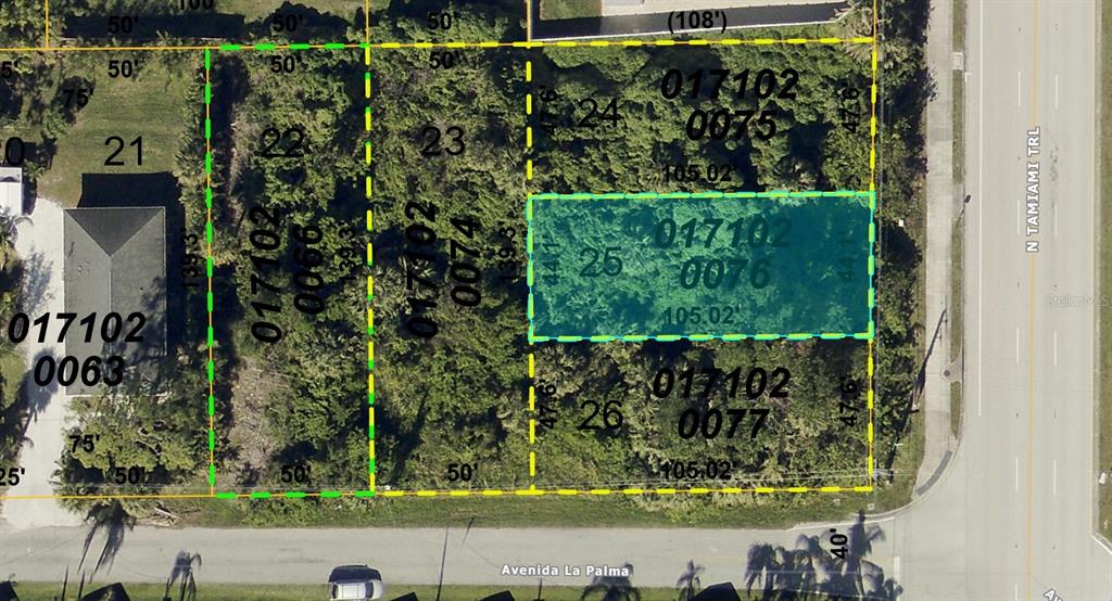 This is a satellite map showing property lot lines and parcel numbers for several plots — 0 LA PALMA, NOKOMIS, FL