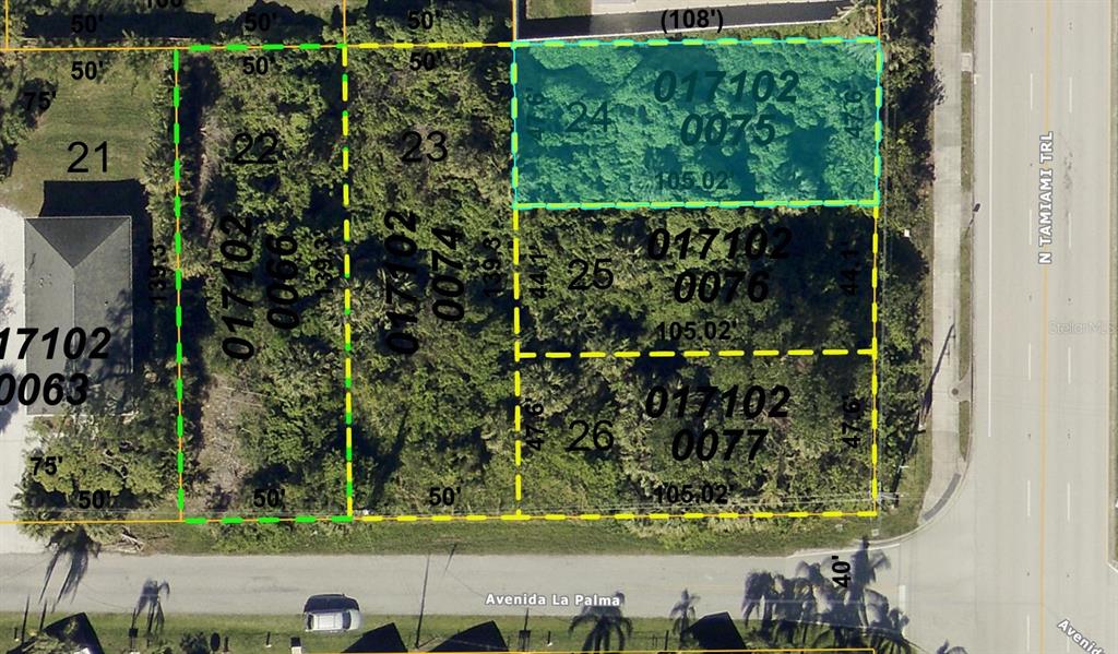 This is an aerial map showing property lot lines and parcel numbers for several plots — 0 LA PALMA, NOKOMIS, FL