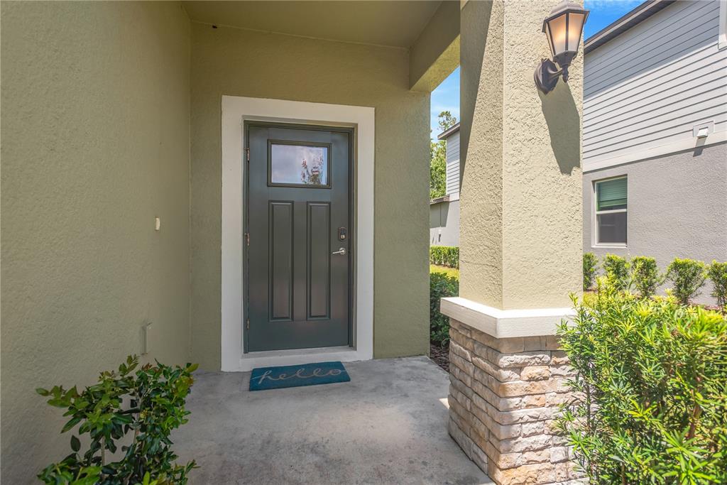 A front porch features a dark gray door with a window and a hello mat — 6033 ACARA LANE, LAND O LAKES, FL