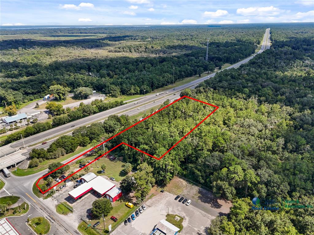 An aerial view shows a wooded lot outlined in red next to a highway — SE CR 234, MICANOPY, FL