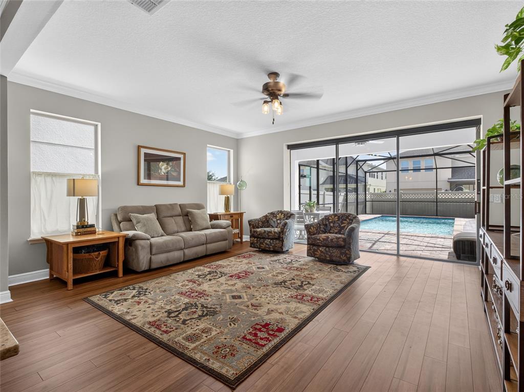 A living room with wood flooring, a patterned area rug, and sliding doors to a pool — 9043 HORIZON POINTE TRAIL, WINDERMERE, FL