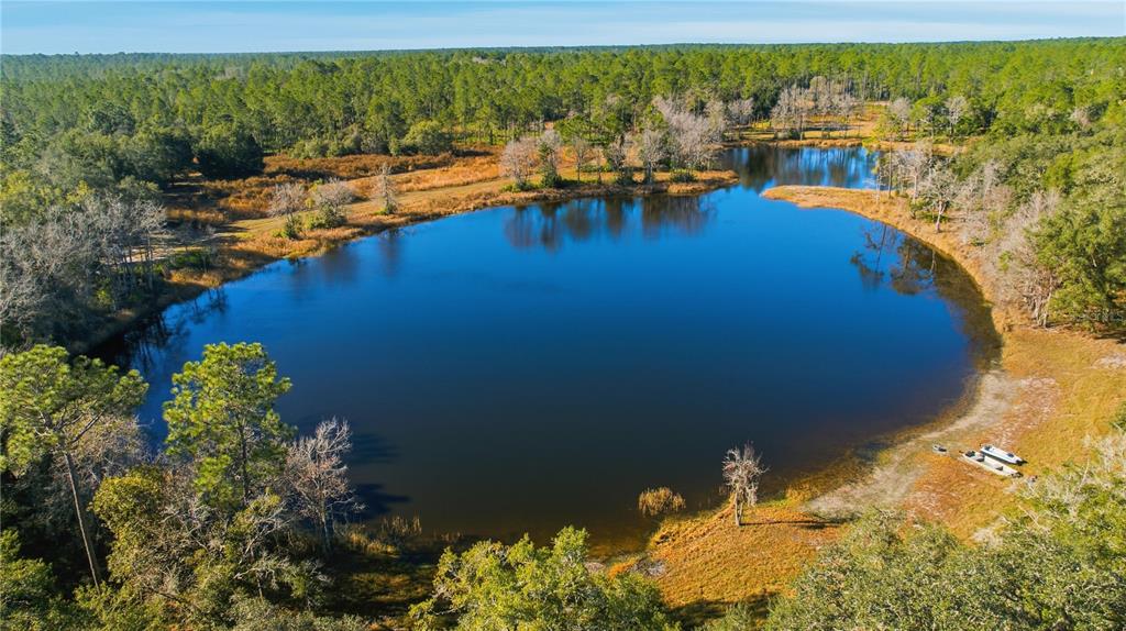 An aerial view shows a large, dark blue pond surrounded by trees and grassy fields — TBD (Lot 1) NE 115TH LANE ROAD, FORT MC COY, FL