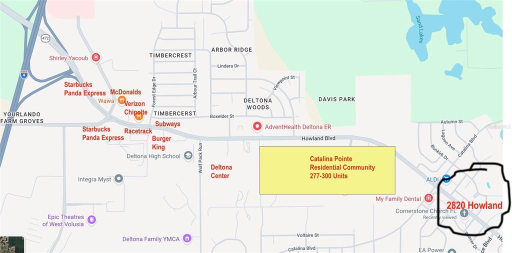 This is a map showing the location of a residential community near local businesses — 2820 HOWLAND BOULEVARD, DELTONA, FL