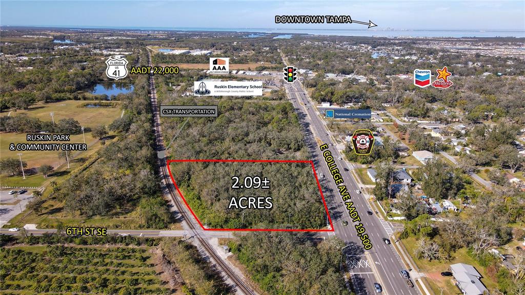 This aerial map shows a 2.09-acre plot of land bordered by a road and railroad tracks — E COLLEGE AVE, RUSKIN, FL
