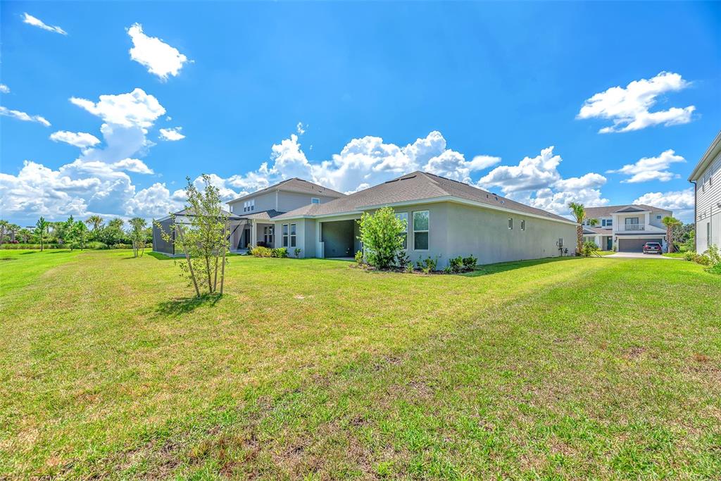 A view of the grassy backyard and side exterior of a suburban residential home — 33372 LANDSMAN LOOP, WESLEY CHAPEL, FL