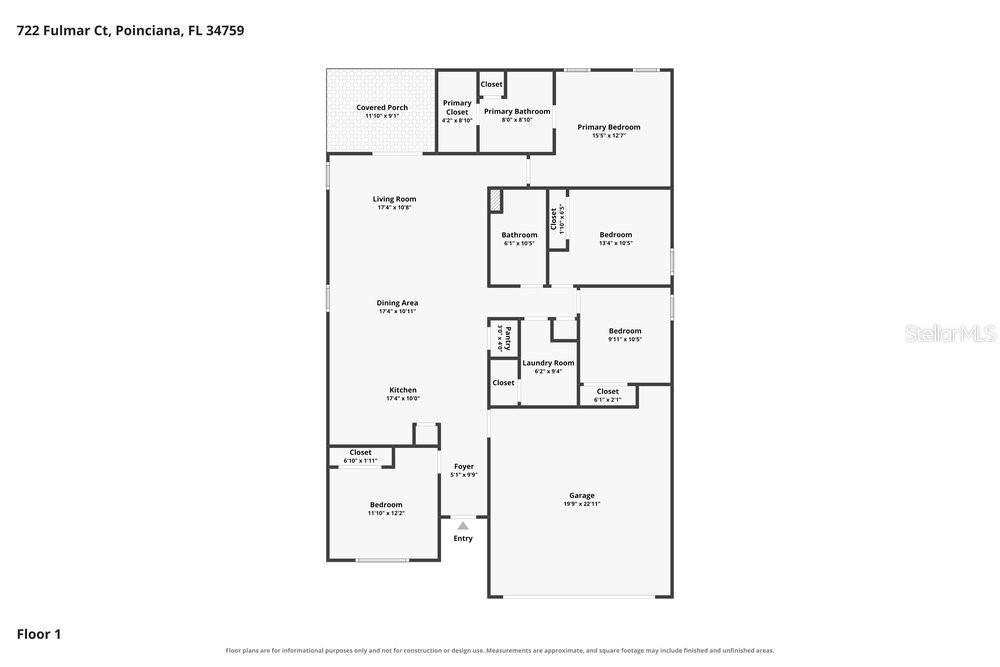 This is a floor plan for a single-story house with a garage and covered porch — 722 FULMAR COURT, POINCIANA, FL