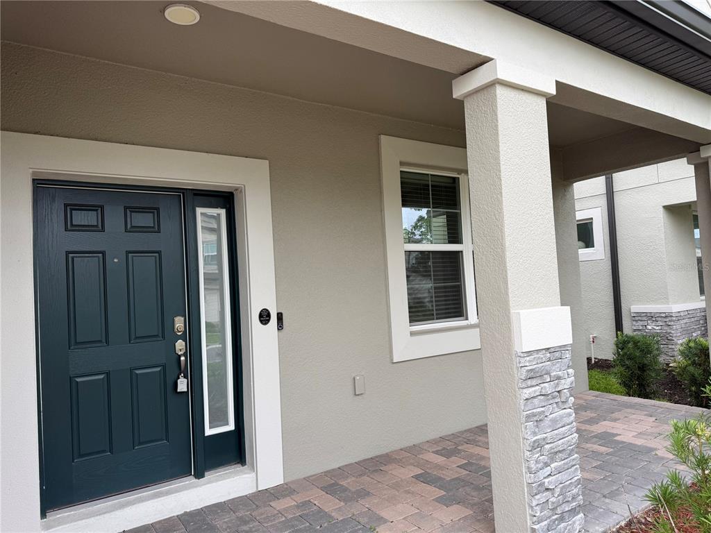 A dark front door with a side window sits under a covered porch with stone columns — 33263 SYCAMORE LEAF DRIVE, WESLEY CHAPEL, FL