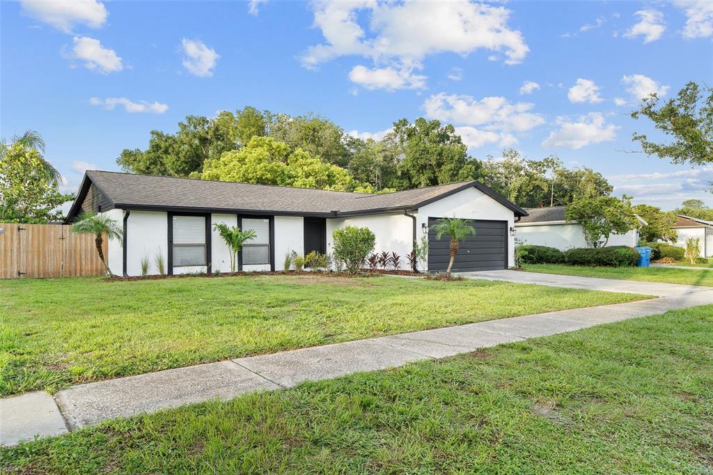 A white house exterior features a dark front door, a concrete walkway, and landscaped beds — 5308 BLACK PINE DRIVE, TAMPA, FL