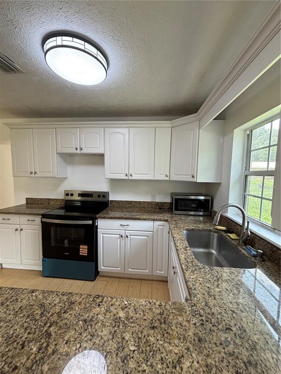 A kitchen features white cabinets, granite countertops, a stainless steel sink, and a black stove — 13381 SE 106TH COURT, OCKLAWAHA, FL
