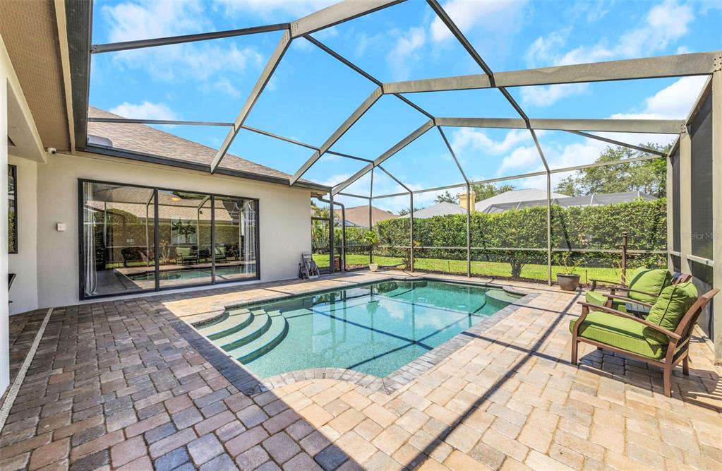 A screened-in patio features a swimming pool, paver deck, and two green outdoor chairs — 3675 JANUS WAY, PALM HARBOR, FL