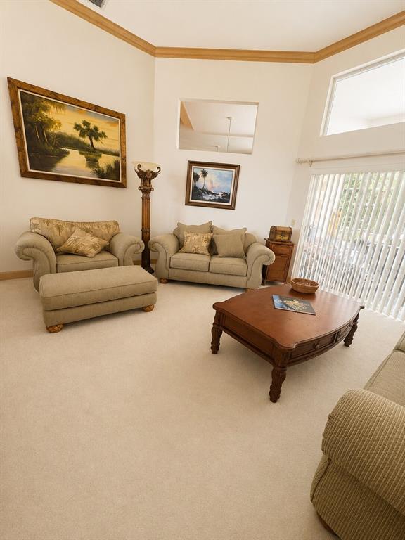 A living room features beige carpet, two sofas, a wooden coffee table, and large windows — 995 WEATHERSFIELD DRIVE, DUNEDIN, FL