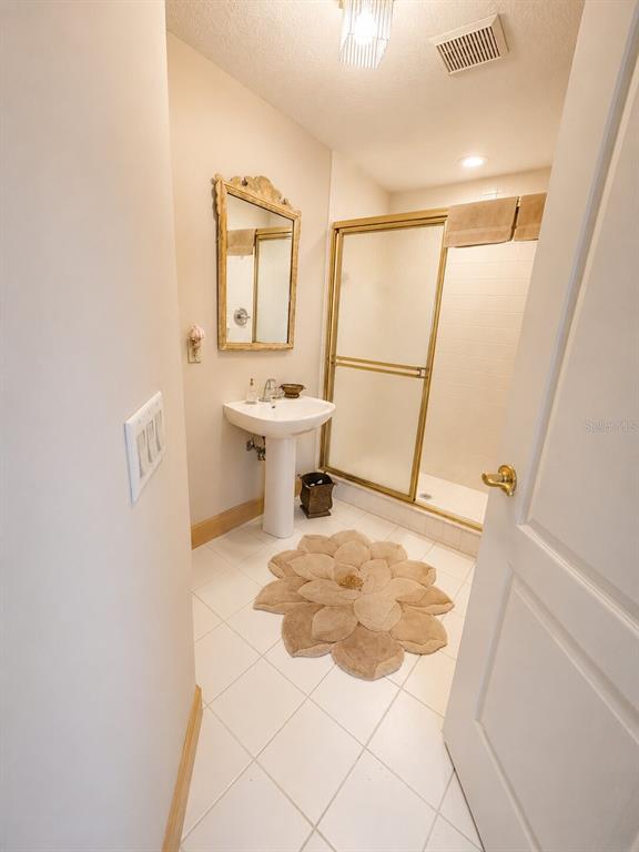 A bathroom features a pedestal sink, a gold-framed shower, and a floral-shaped rug on tile — 995 WEATHERSFIELD DRIVE, DUNEDIN, FL