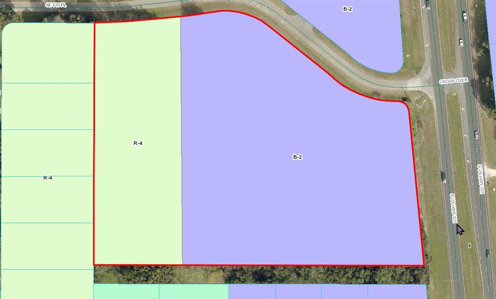 This is a map showing land parcels zoned R-4 and B-2 along a highway — US HWY 301, BELLEVIEW, FL