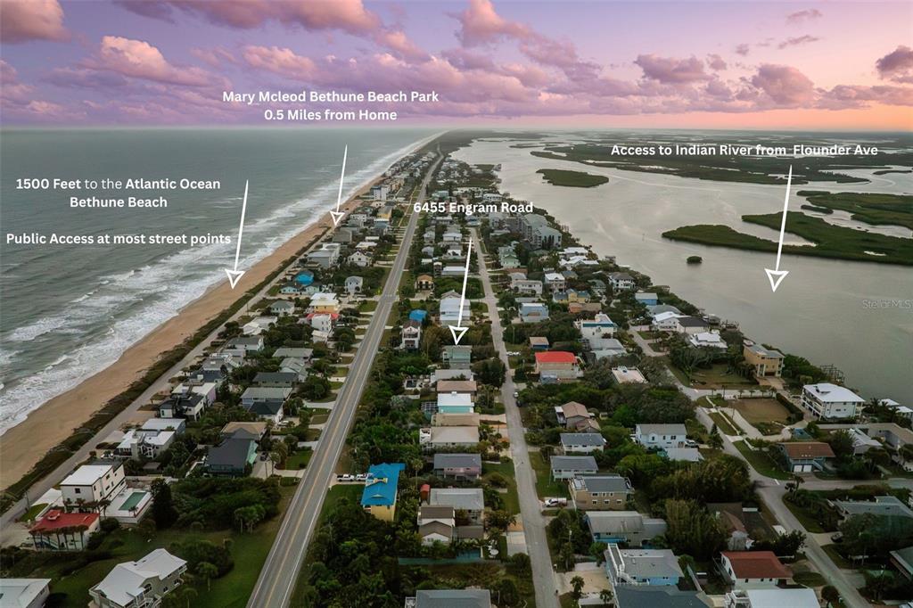 This aerial map shows a coastal residential neighborhood situated between the ocean and a river — 6455 ENGRAM ROAD, NEW SMYRNA BEACH, FL