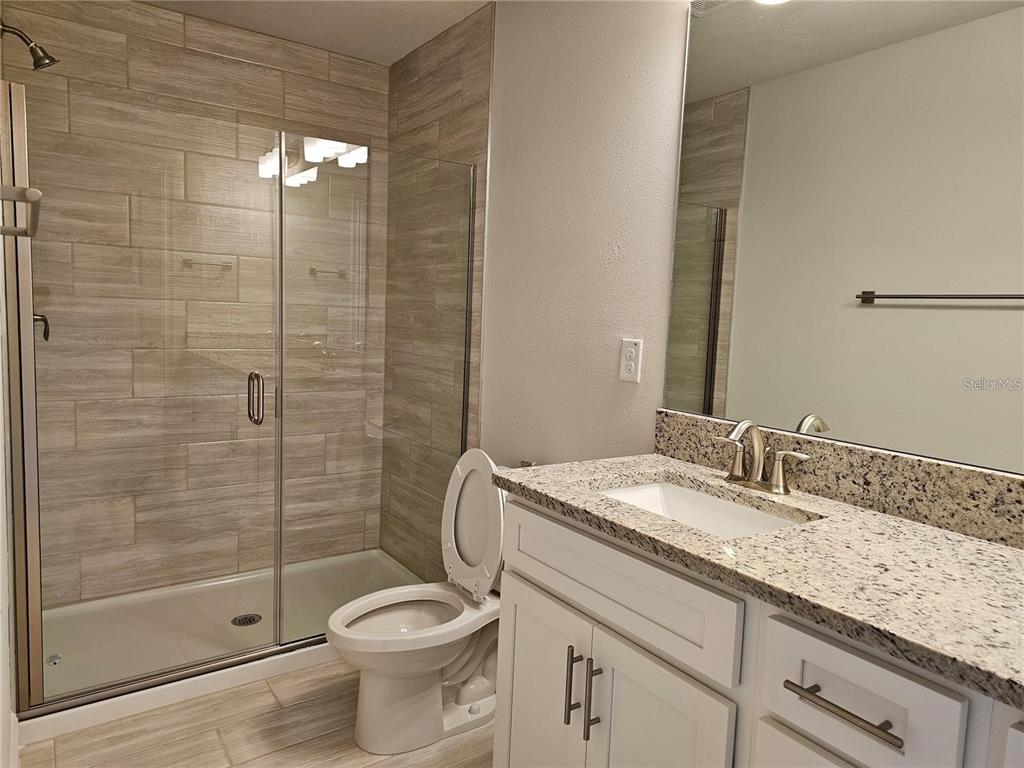 A bathroom features a glass-enclosed shower, a white toilet, and a granite-topped vanity — 36109 TRINITY GLADE ROAD, DADE CITY, FL