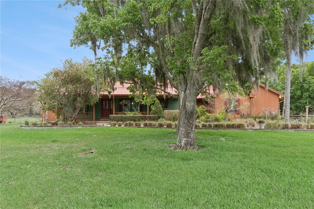 A living room features hardwood floors, a blue accent wall with a fireplace, and patio access — 2925 GODWIN ROAD, ST CLOUD, FL