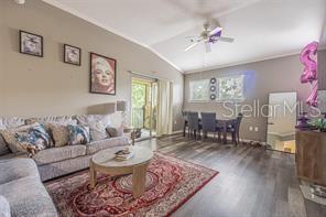 A living room features gray flooring, a patterned area rug, a sofa, and dining furniture — 10205 COURTNEY PALMS BOULEVARD UNIT 304, TAMPA, FL