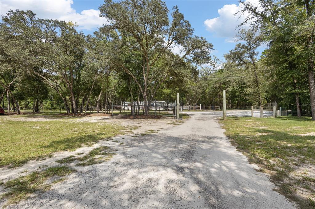 A dirt driveway leads toward a gated entrance surrounded by trees and a grassy yard — 7650 NE 105TH AVENUE, BRONSON, FL