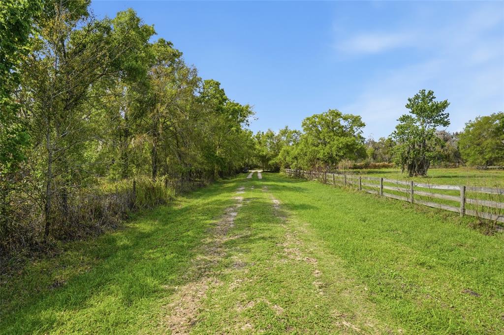A dirt path leads through a grassy field bordered by trees and a wooden fence — 32400 TAYLOR GRADE ROAD, DUETTE, FL