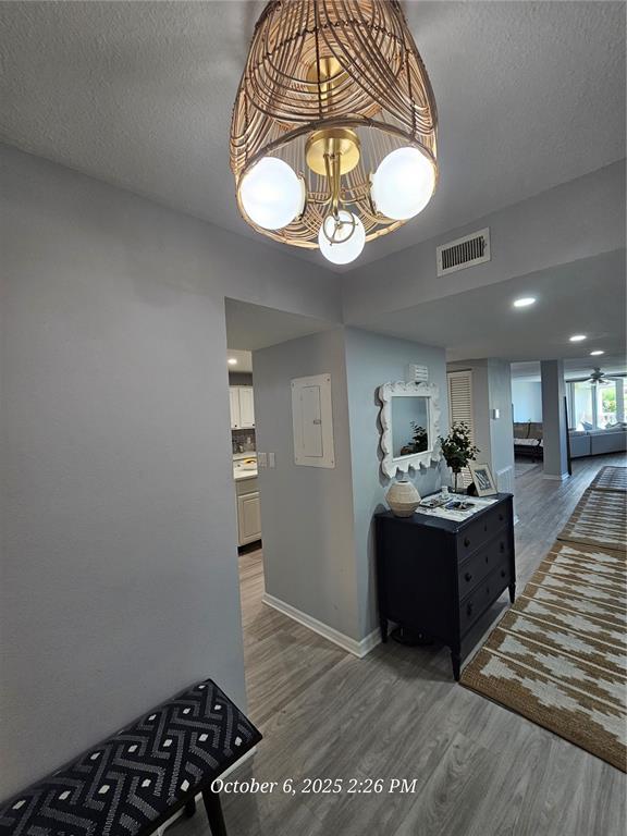 A hallway features a rattan light fixture, a black dresser, and light-colored wood flooring — 6500 SUNSET WAY UNIT 308, ST PETE BEACH, FL