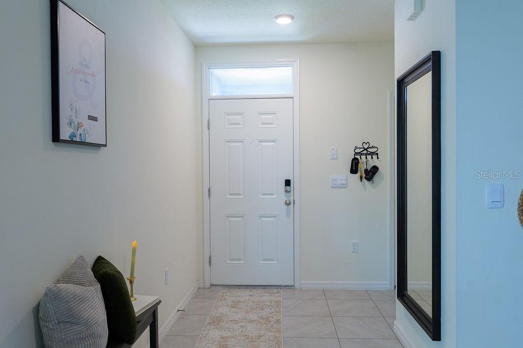 An entryway features a white front door, tiled flooring, a wall mirror, and a small bench — 17014 BLISTER WING DRIVE, WIMAUMA, FL