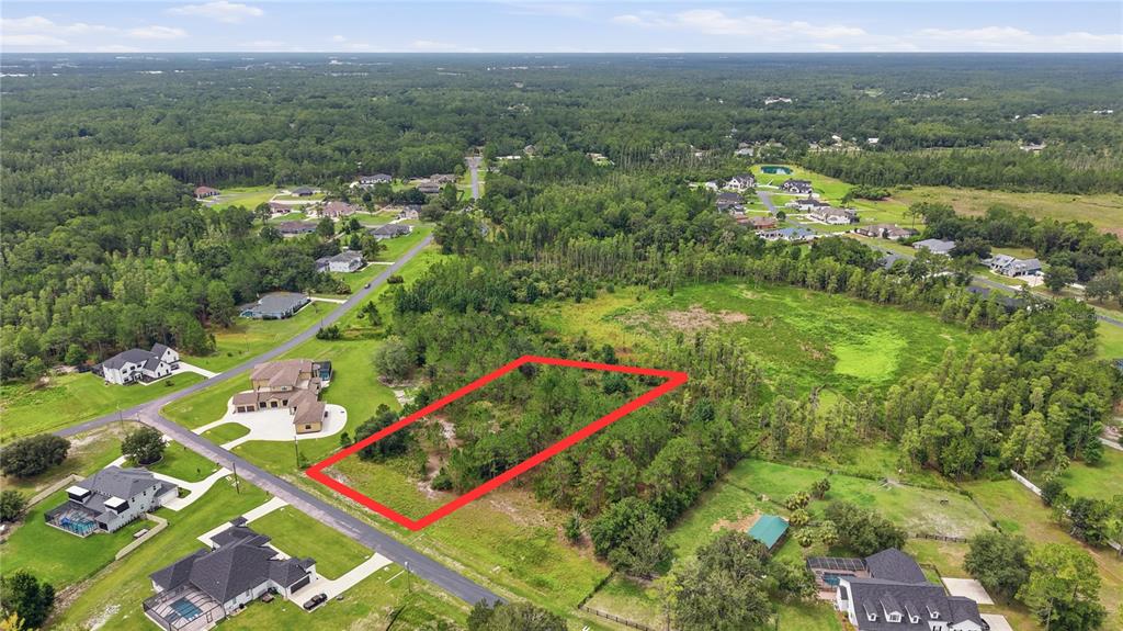 An aerial view shows a rectangular vacant lot outlined in red within a residential area — 8616 SPRING FOREST LANE, WESLEY CHAPEL, FL