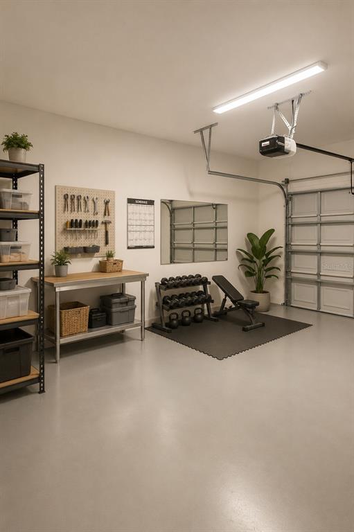 A garage converted into a home gym with a workbench, storage shelving, and exercise equipment — 8695 CANYON CREEK TRAIL, PARRISH, FL