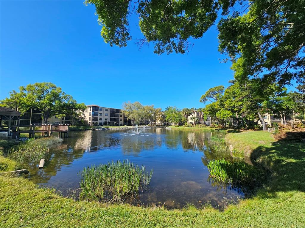 A concrete walkway leads through a landscaped garden toward a multi-story apartment building — 315 30TH AVENUE W UNIT B307, BRADENTON, FL