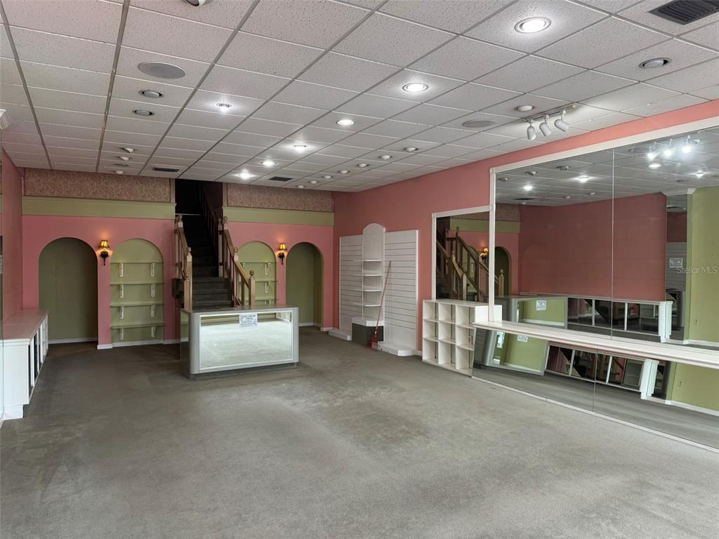 A commercial space features pink walls, a drop ceiling, carpeted flooring, and built-in shelving — 3411 W UNIVERSITY AVENUE, GAINESVILLE, FL